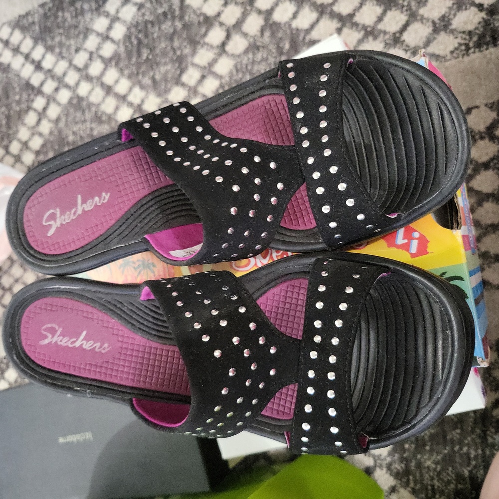 Skechers, black with silver, size 8, slipon